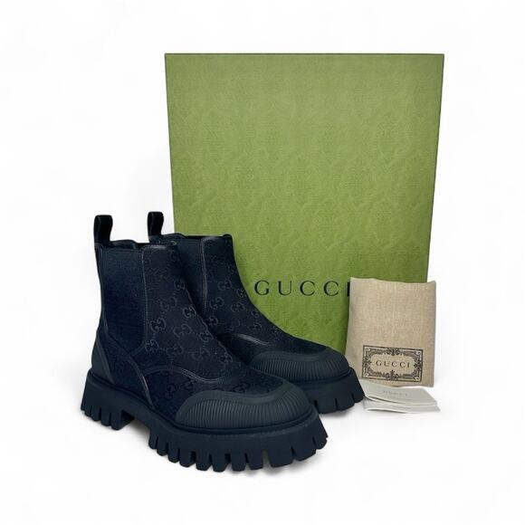 NIB Gucci GG Men's 9.5 US 10 Jacquard Canvas Ankle Chelsea Boots Black $1,150 - Picture 2 of 12